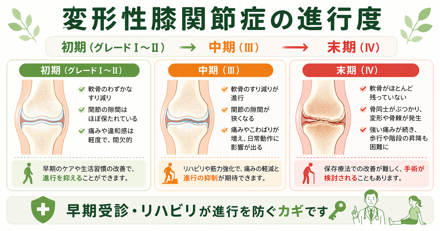 変形性膝関節症の進行度｜初期・中期・末期
