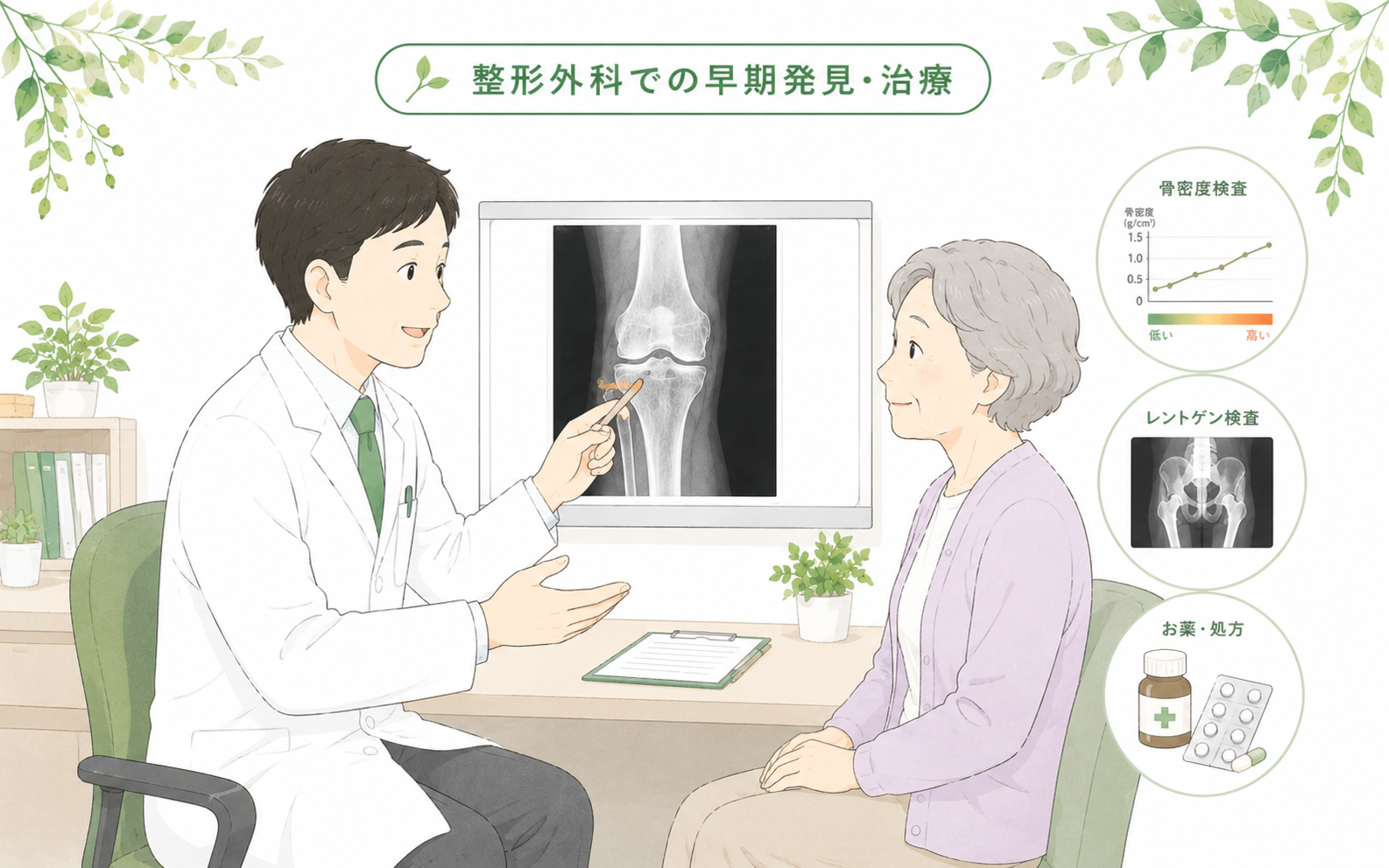 整形外科医が高齢患者の膝を診察しているイラスト