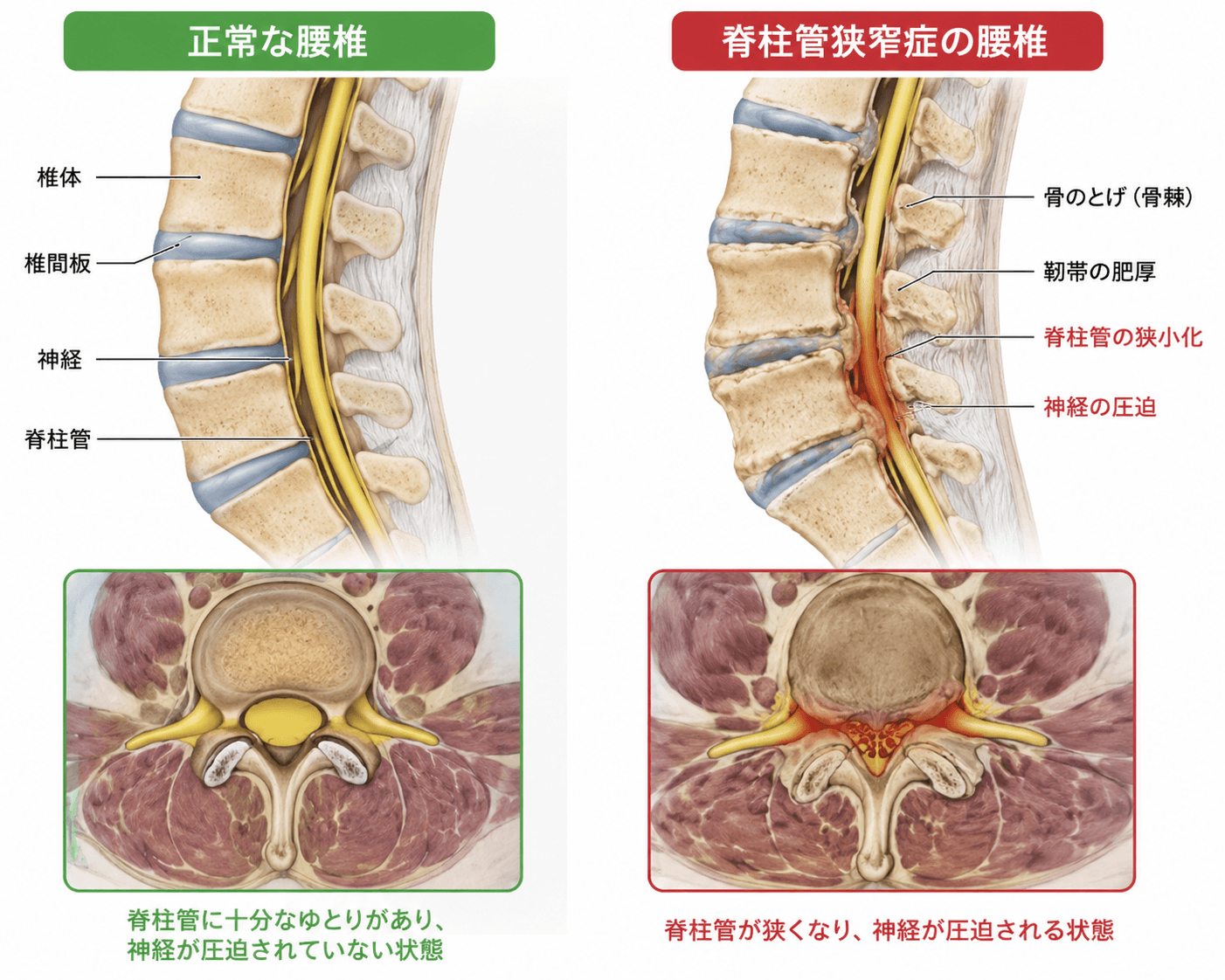 脊柱管が狭くなり神経が圧迫されている断面図のイラスト