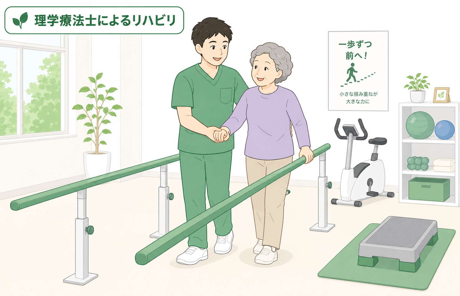 理学療法士が高齢者の歩行リハビリを支援しているイラスト