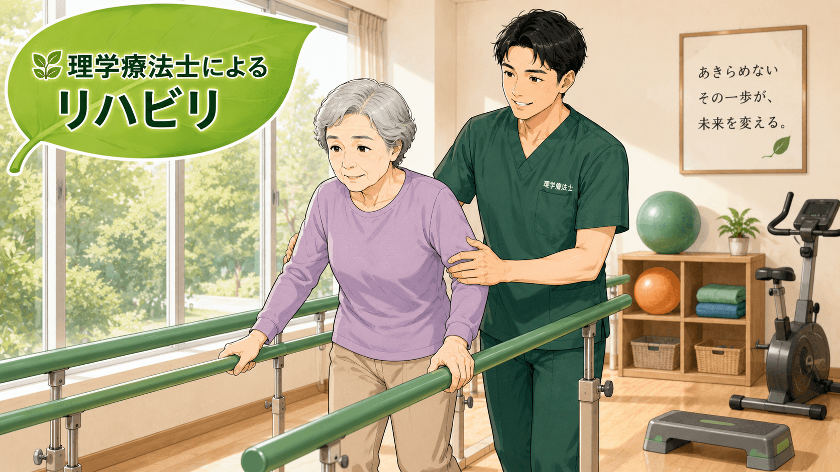 理学療法士が患者に運動療法を行っているイラスト