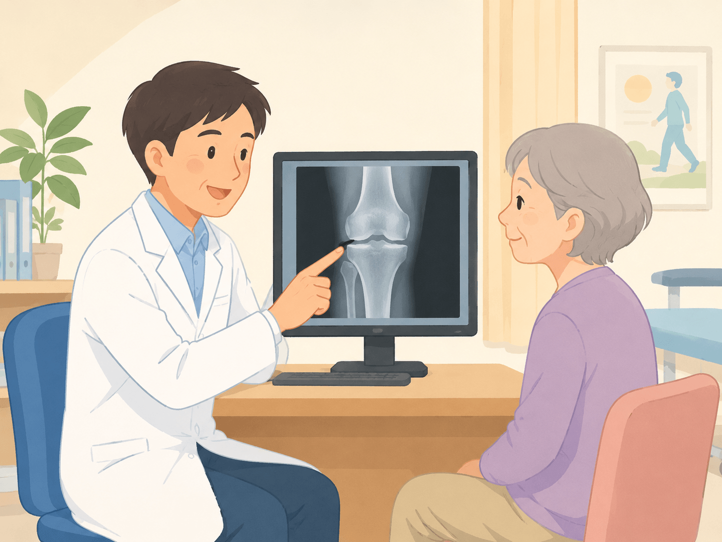 整形外科医が膝のレントゲンを患者に説明しているイラスト