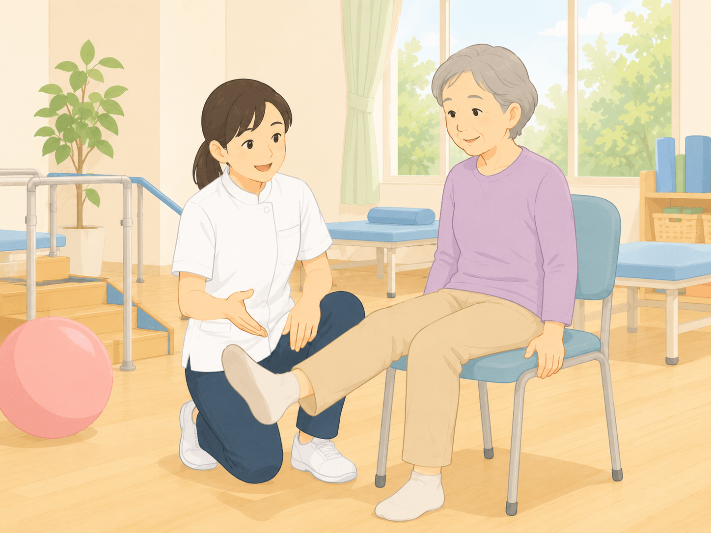 理学療法士が高齢女性の膝リハビリを行っているイラスト