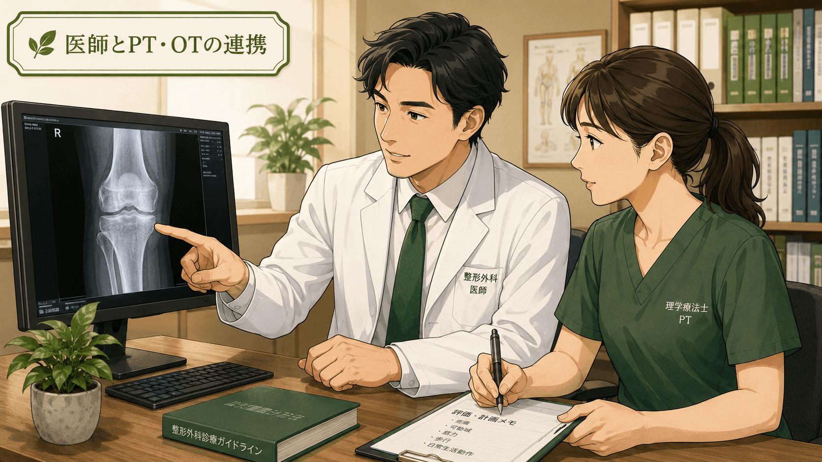 整形外科医と理学療法士がカルテを見ながら連携しているイラスト