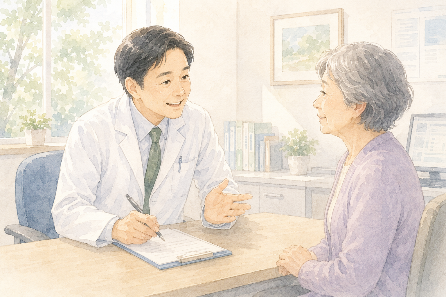 総合診療科でじっくり問診を受ける高齢患者と医師