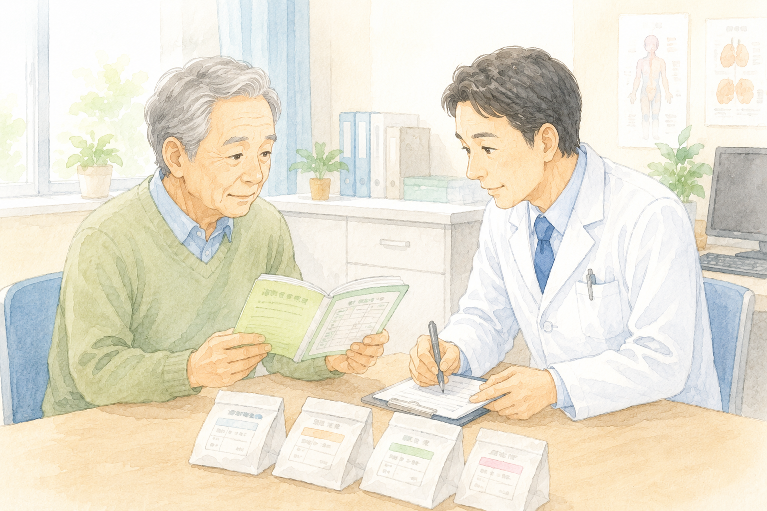お薬手帳を持って医師にお薬の整理相談をする高齢者