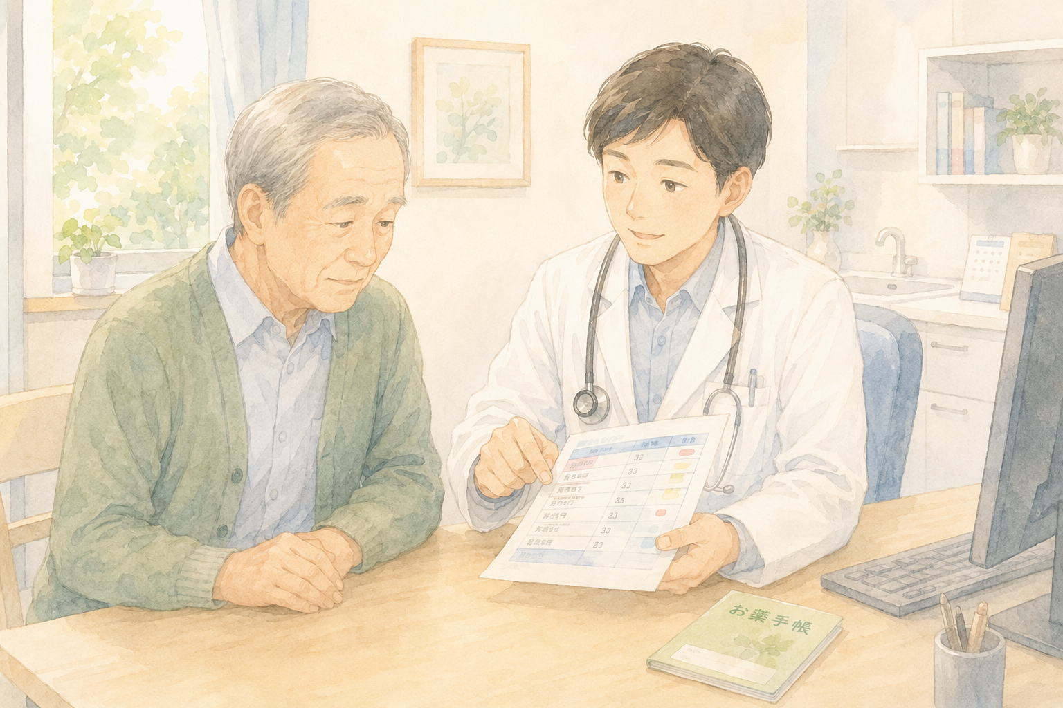 健診結果を持って総合診療科で相談する患者と医師