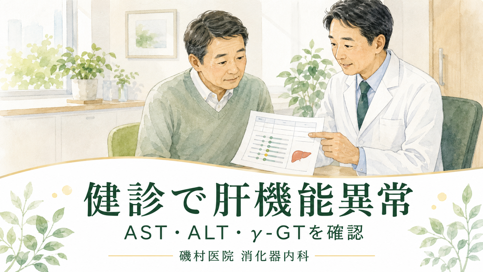 健診の肝機能異常について医師と相談する男性｜磯村医院 消化器内科