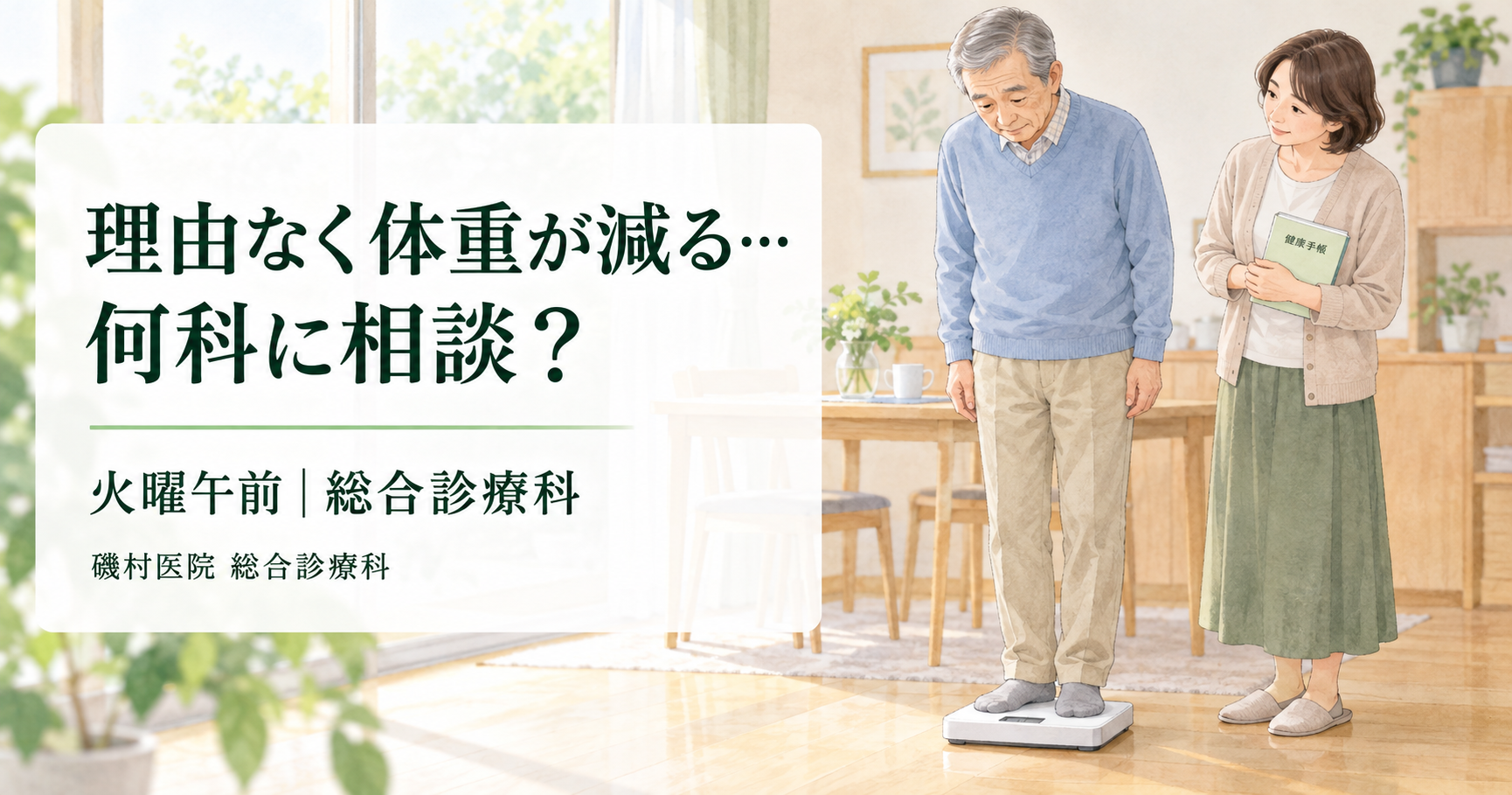 理由なく体重が減るときの受診先を考える高齢男性と家族｜磯村医院 総合診療科