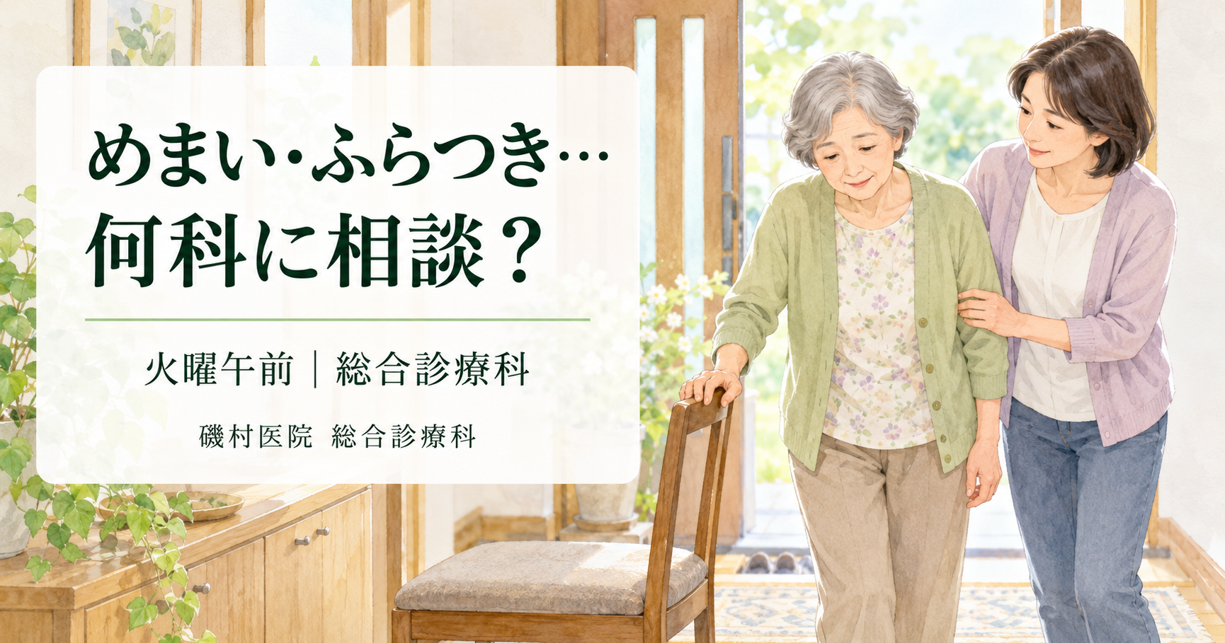 めまい・ふらつきの受診先を考える高齢女性と家族｜磯村医院 総合診療科